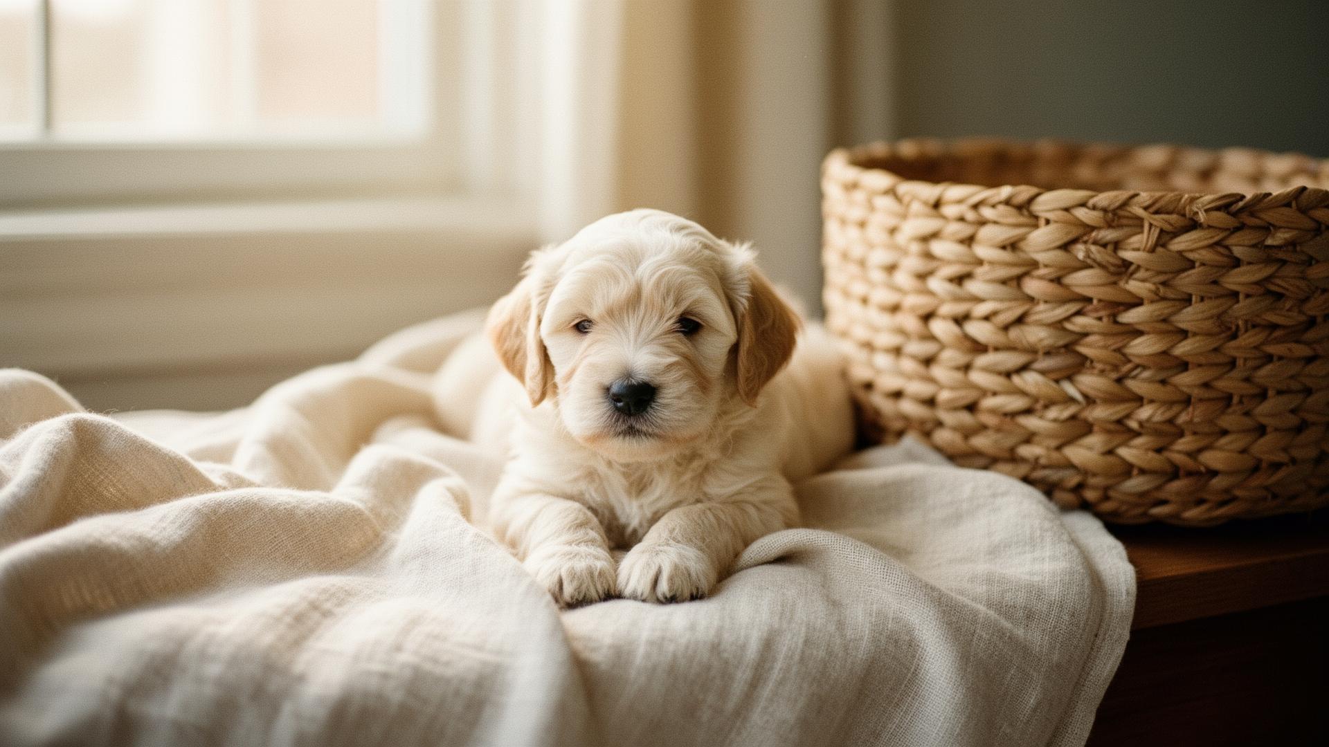 A softly lit Sotodoodle puppy resting on linen